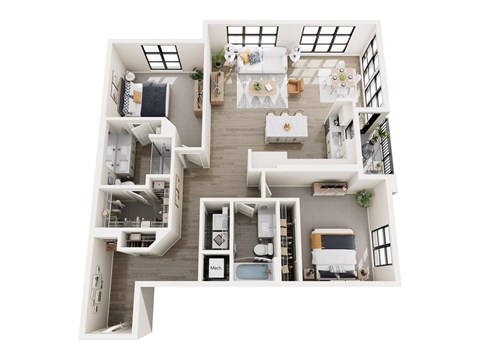 Floor plan for 2 beds, 2 baths, 1389 sqft